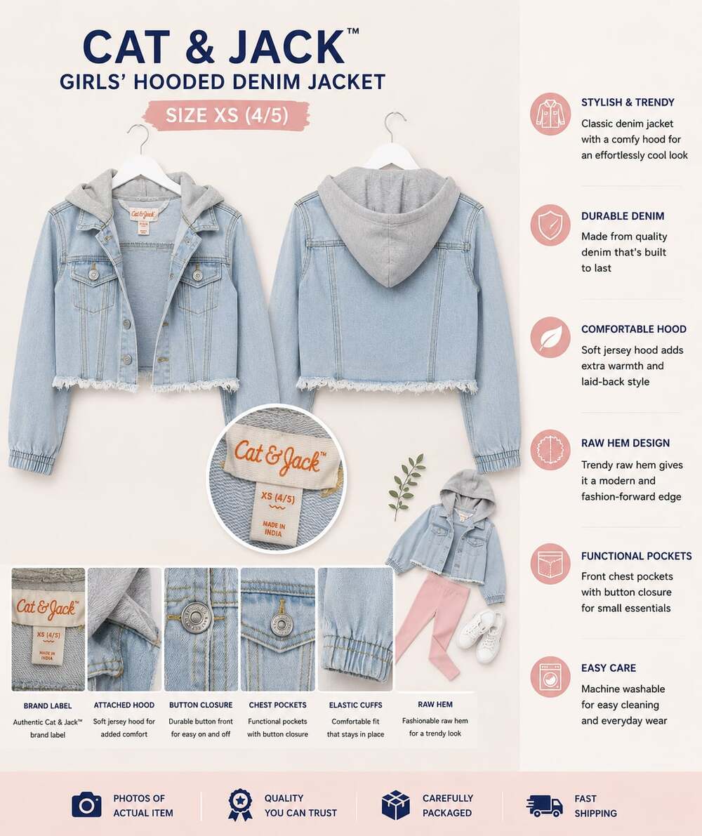 Cat & Jack Girls' Hooded Denim Jacket with Raw Hem, Size XS (4/5)